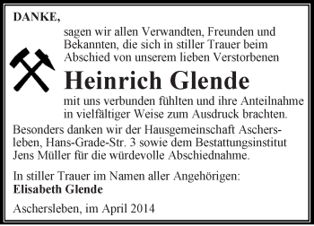 Traueranzeige von Heinrich Glende von Super Sonntag Aschersleben