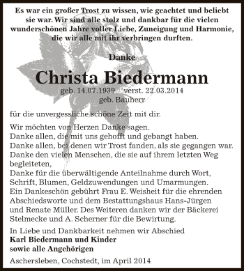 Traueranzeige von Christa Biedermann von Super Sonntag Aschersleben