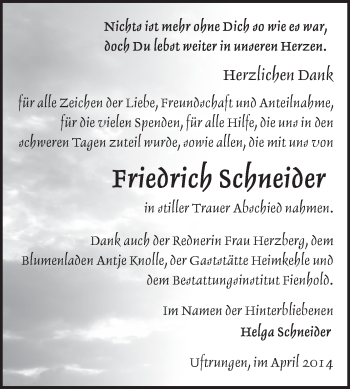 Traueranzeige von Friedrich Schneider von WVG - Wochenspiegel SGH