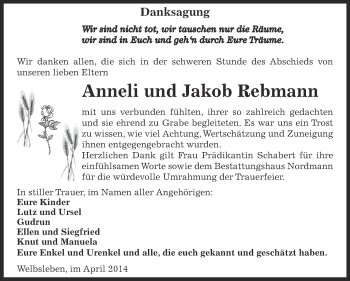 Traueranzeige von Anneli und Jakob Rebmann von Wochenspiegel Mansfelder Land