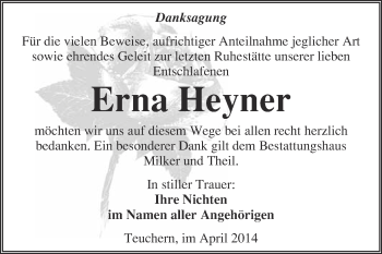 Traueranzeige von Erna Heyner von WVG - Wochenspiegel NMB / WSF / ZTZ