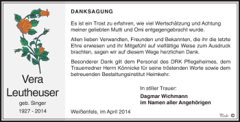 Traueranzeige von Vera Leutheuser von WVG - Wochenspiegel NMB / WSF / ZTZ