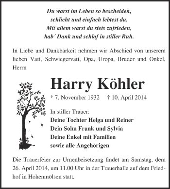 Traueranzeige von Harry Köhler von WVG - Wochenspiegel NMB / WSF / ZTZ