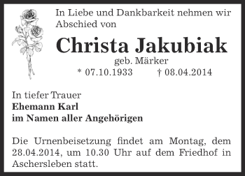 Traueranzeige von Christa Jakubiak von WVG - Wochenspiegel Bernburg