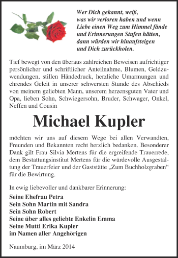 Traueranzeige von Michael Kupler von WVG - Wochenspiegel NMB / WSF / ZTZ