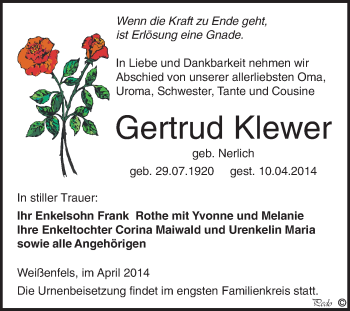 Traueranzeige von Gertrud Klewer von WVG - Wochenspiegel NMB / WSF / ZTZ
