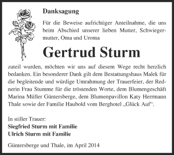 Traueranzeige von Gertrud Sturm von WVG - Wochenspiegel Quedlinburg