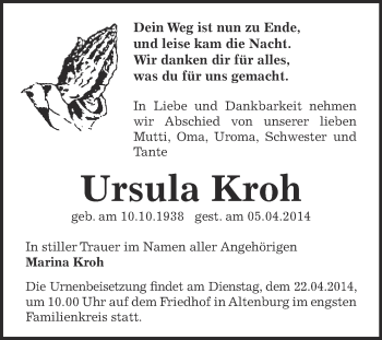 Traueranzeige von Ursula Kroh von Super Sonntag Bernburg