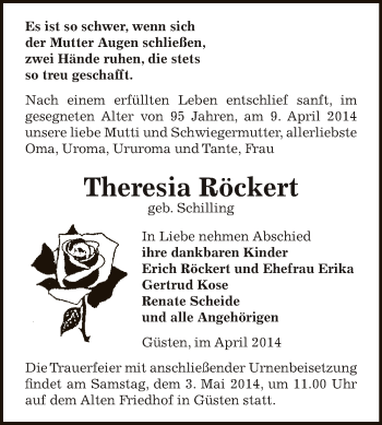 Traueranzeige von Theresia Röckert von Super Sonntag Bernburg