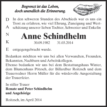Traueranzeige von Anne Schindhelm von WVG - Wochenspiegel Bitterfeld