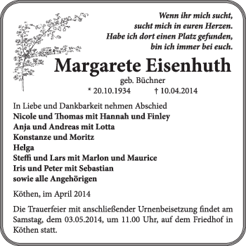 Traueranzeige von Margarete Eisenhuth von Super Sonntag Dessau / Köthen