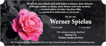 Traueranzeige von Werner Spielau von Super Sonntag Dessau / Köthen