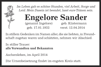 Traueranzeige von Engelore Sander von WVG - Wochenspiegel Aschersleben