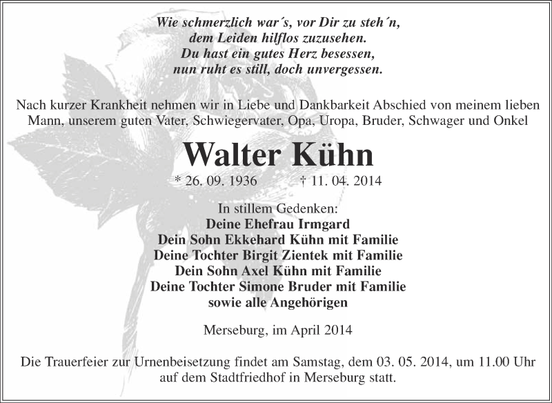  Traueranzeige für Walter Kühn vom 20.04.2014 aus Super Sonntag Merseburg