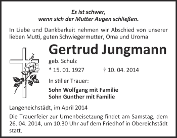 Traueranzeige von Gertrud Jungmann von WVG - Wochenspiegel Merseburg