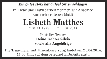 Traueranzeige von Lisbeth Matthes von WVG - Wochenspiegel Bitterfeld