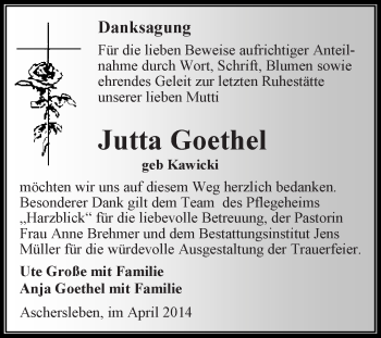Traueranzeige von Jutta Goethel von WVG - Wochenspiegel Aschersleben