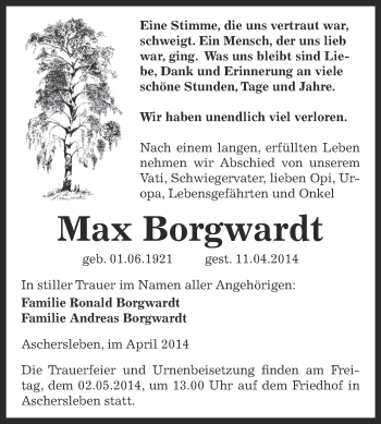 Traueranzeige von Max Borgwardt von WVG - Wochenspiegel Aschersleben