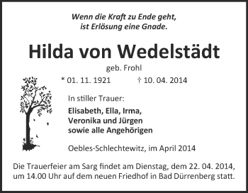 Traueranzeige von Hilda von Wedelstädt von WVG - Wochenspiegel Merseburg
