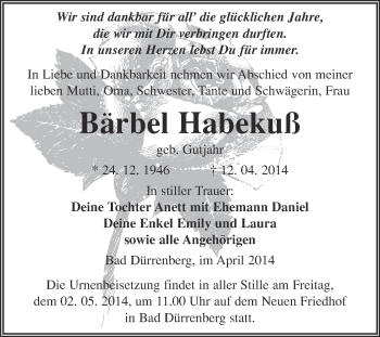 Traueranzeige von Bärbel Habekuß von Super Sonntag Merseburg