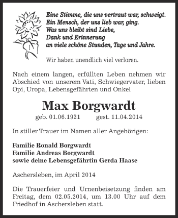 Traueranzeige von Max Borgwardt von Super Sonntag Aschersleben