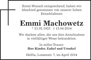 Traueranzeige von Emmi Machowetz von Wochenspiegel Mansfelder Land