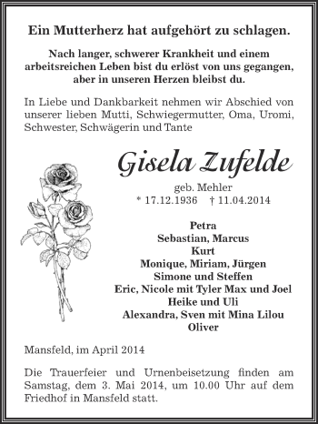 Traueranzeige von Gisela Zufelde von Wochenspiegel Mansfelder Land