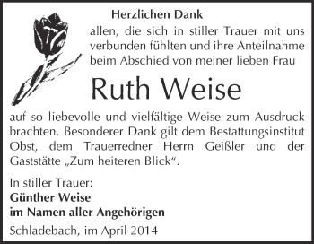 Traueranzeige von Ruth Weise von Super Sonntag Merseburg