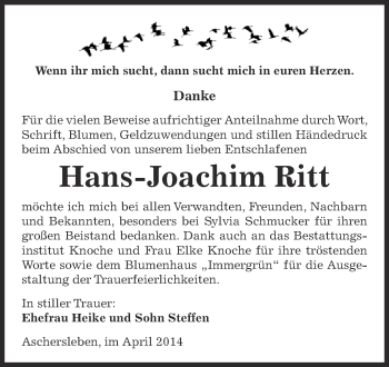 Traueranzeige von Hans-Joachim Ritt von Super Sonntag Aschersleben