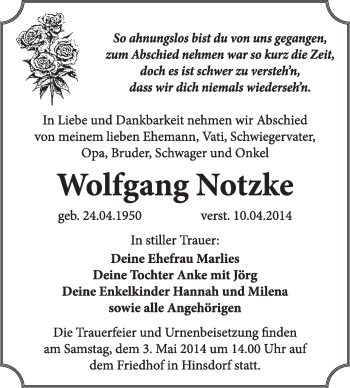Traueranzeige von Wolfgang Notzke von Super Sonntag Dessau / Köthen