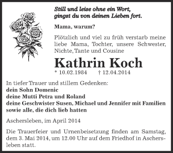 Traueranzeige von Kathrin Koch von WVG - Wochenspiegel Aschersleben