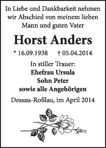 Traueranzeige von Horst Anders von Super Sonntag Dessau / Köthen
