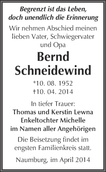 Traueranzeige von Bernd Schneidewind von WVG - Wochenspiegel NMB / WSF / ZTZ