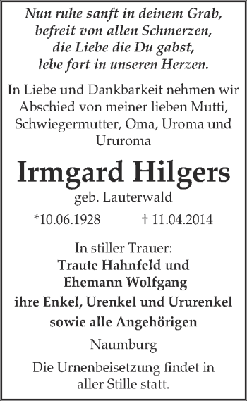 Traueranzeige von Irmgard Hilgers von WVG - Wochenspiegel NMB / WSF / ZTZ