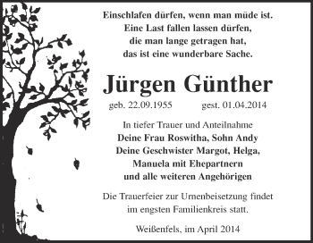 Traueranzeige von Jürgen Günther von WVG - Wochenspiegel NMB / WSF / ZTZ