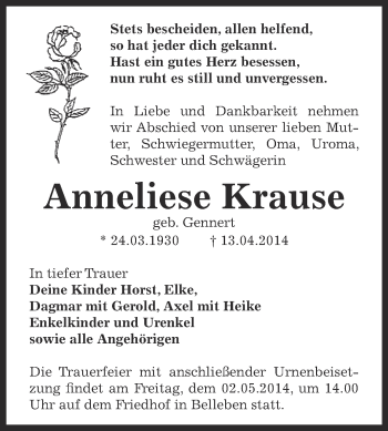 Traueranzeige von Anneliese Krause von Super Sonntag Bernburg