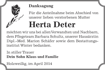 Traueranzeige von Herta Deter von WVG - Wochenspiegel Bitterfeld