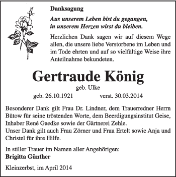 Traueranzeige von Gertraude König von Super Sonntag Dessau / Köthen