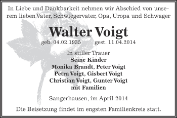 Traueranzeige von Walter Voigt von Super Sonntag SGH Mansf. Land
