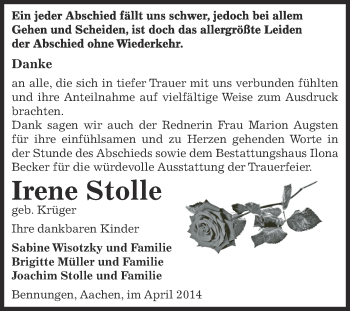 Traueranzeige von Irene Stolle von Super Sonntag SGH Mansf. Land
