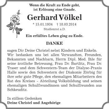 Traueranzeige von Gerhard Völkel von WVG - Wochenspiegel Bitterfeld