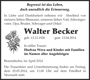 Traueranzeige von Walter Becker von WVG - Wochenspiegel Merseburg