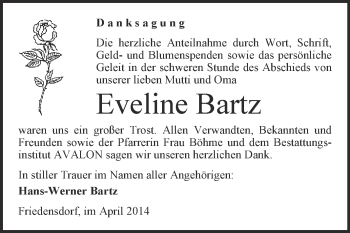 Traueranzeige von Eveline Bartz von WVG - Wochenspiegel Merseburg