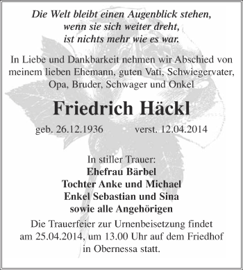 Traueranzeige von Friedrich Häckl von WVG - Wochenspiegel NMB / WSF / ZTZ