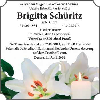 Traueranzeige von Brigitta Schüritz von Super Sonntag Dessau / Köthen