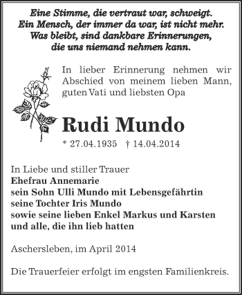 Traueranzeige von Rudi Mundo von Super Sonntag Aschersleben
