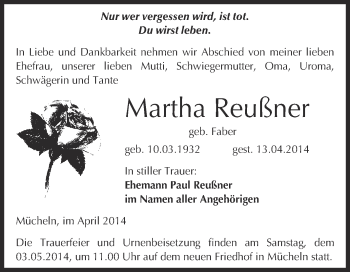 Traueranzeige von Martha Reußner von WVG - Wochenspiegel Merseburg