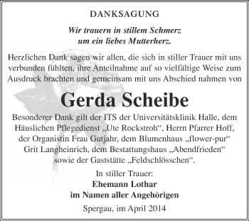 Traueranzeige von Gerda Scheibe von WVG - Wochenspiegel Merseburg