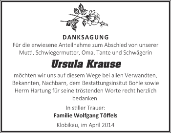 Traueranzeige von Ursula Krause von Super Sonntag Merseburg