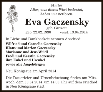 Traueranzeige von Eva Gaczensky von WVG - Wochenspiegel Aschersleben